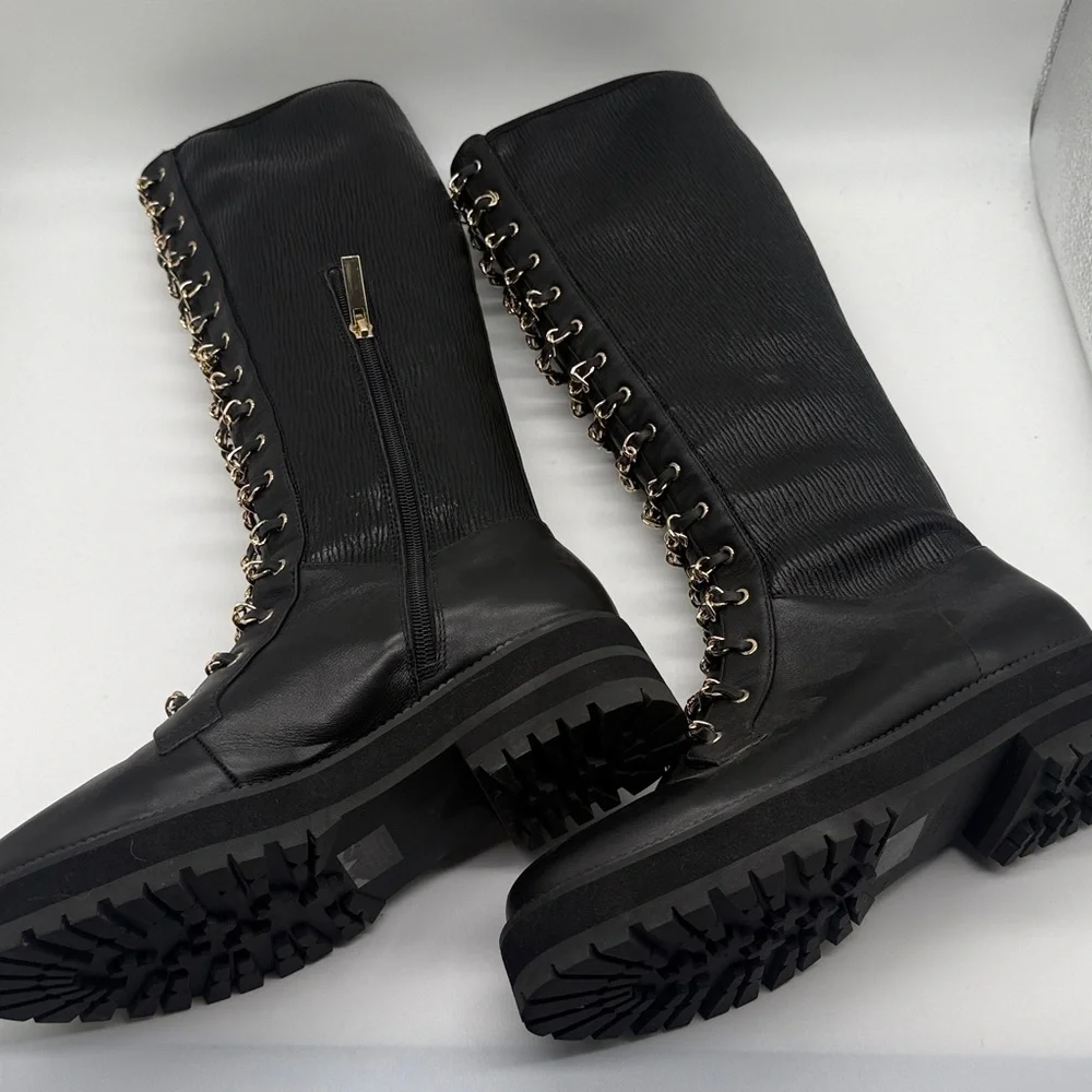 Cecelia New York Gold Chain Lace Knee High Tiny Leather Boot 8.5 Black
